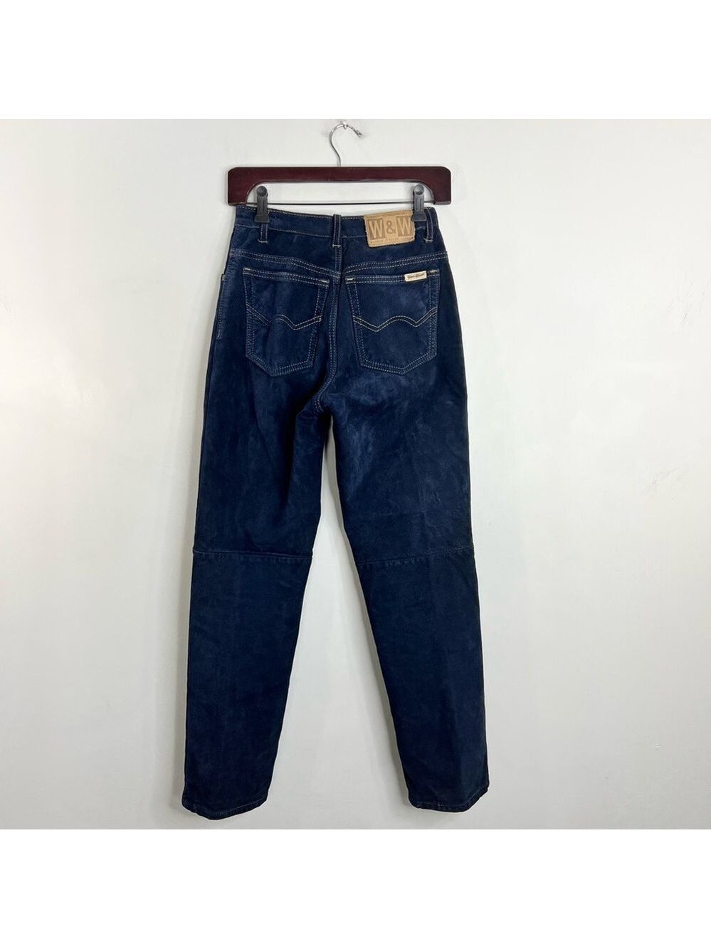 Vintage 80s 90s Wash & Wear genuine suede dark blue high rise slim fit pants 24 - Picture 5 of 15